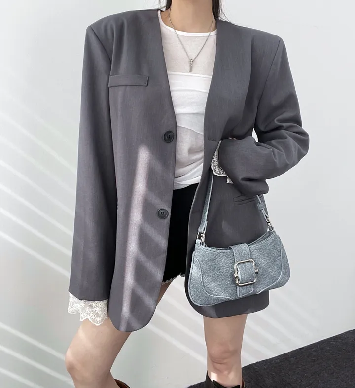 *핏대박레이스자켓* 봄옷 자켓 오버핏 레이어드 레이스 노카라 자켓 박시핏 봄아우터 봄자켓 레이스자켓 상세 이미지 31