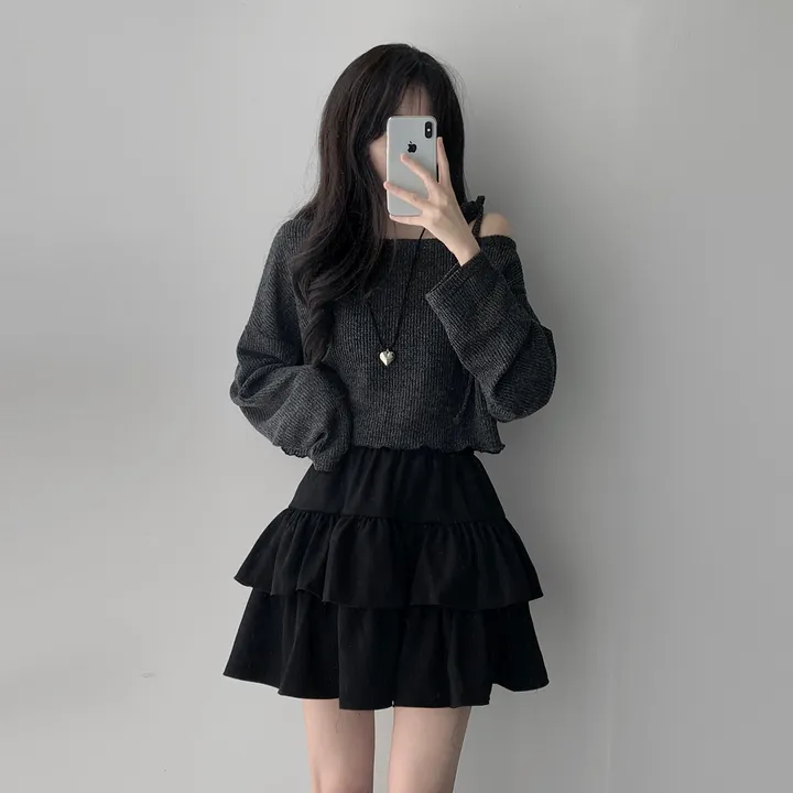 *주문폭주/투피스1등* [코디세트/무채색🖤] 러블리 언발 리본 오프숄더 차콜 니트+블랙 캉캉 스커트 투피스 코디세트 상세 이미지 10