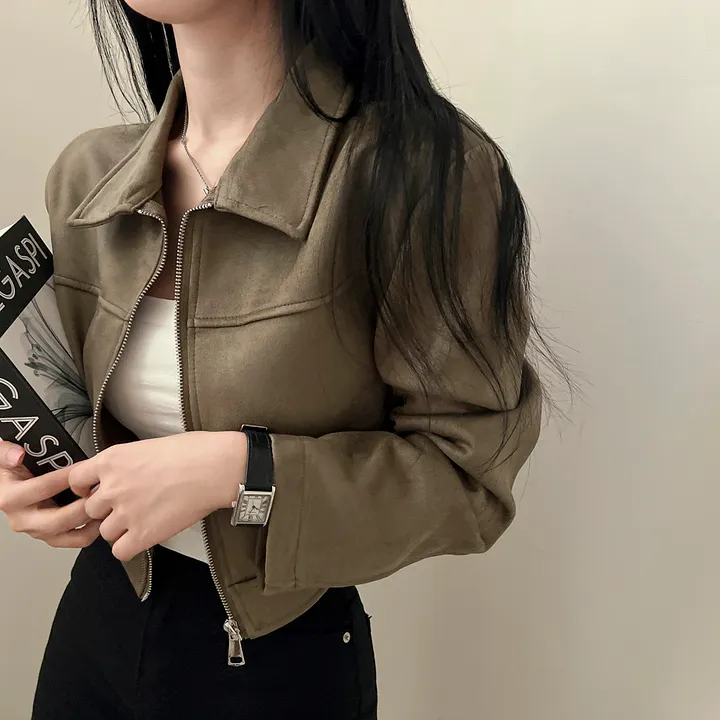 [어깨패드O] 어텀 스웨이드 절개 카라 크롭 자켓 집업 상세 이미지 14