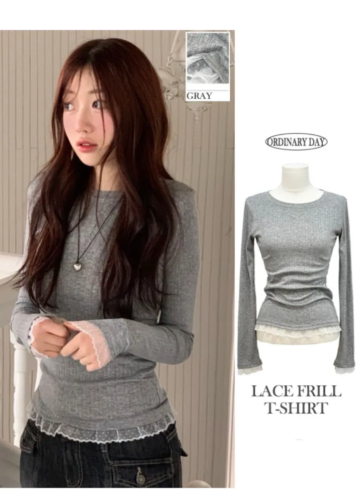 [-3kg🤍여리말라핏]사브리나 여리 레이스 레이어드 프릴 텐션 슬림핏 보트 라운드넥 롱슬리브 티셔츠 4color 상세 이미지 18