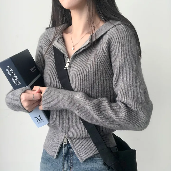 🚚당일출고🚚[부드러움] 허리잘록 여리핏 투웨이 후드 골지니트 집업 상세 이미지 18