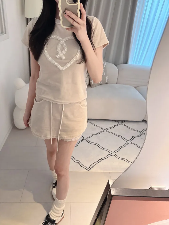 벨로아 피치 진주 하트 레이스 치마바지 투피스 세트 (2color) 상세 이미지 42