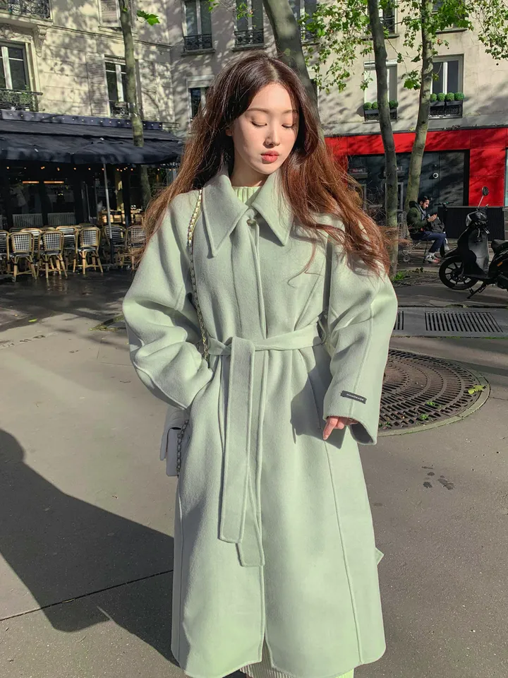 [메리노울100%🤎handmade] 백화점퀄 wool 핸드메이드 롱 울 코트 카라 로브 모직 루즈핏 벨트 싱글 히든버튼 트임 겨울 아우터 네이비 베이지 민트 3col 상세 이미지 17