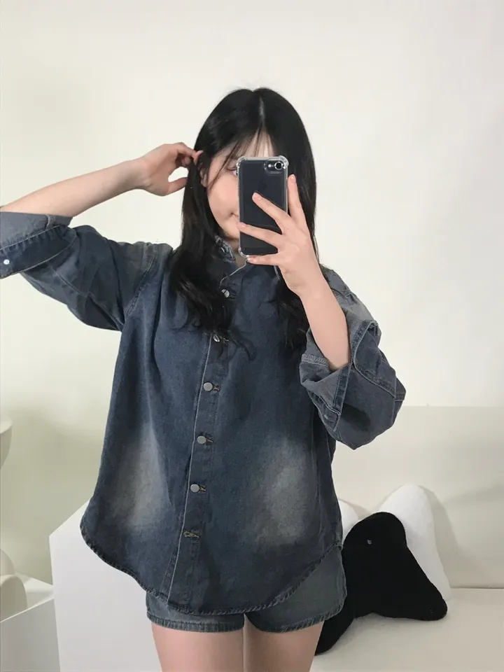 [S,M] 데님 워싱 루즈핏 셔츠+반바지 set 상세 이미지 13