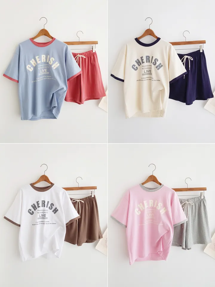 [데일리SET] 꾸안꾸 배색 포인트 레터링 프린트 반팔 티셔츠 밴딩 반바지 여름홈웨어 파자마세트 여름추리닝 트레이닝세트 여름휴가 바캉스룩 물놀이패션 휴양지룩 동남아여행룩 상세 이미지 1