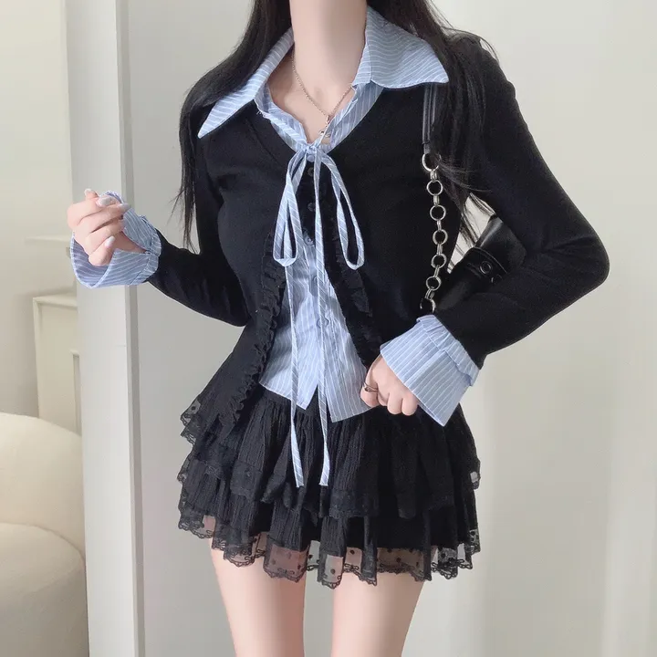 [3COLOR/셔츠일체형] 유닛 스트라이프 셔츠&프릴가디건 레이어드세트/버닝블루 상세 이미지 17