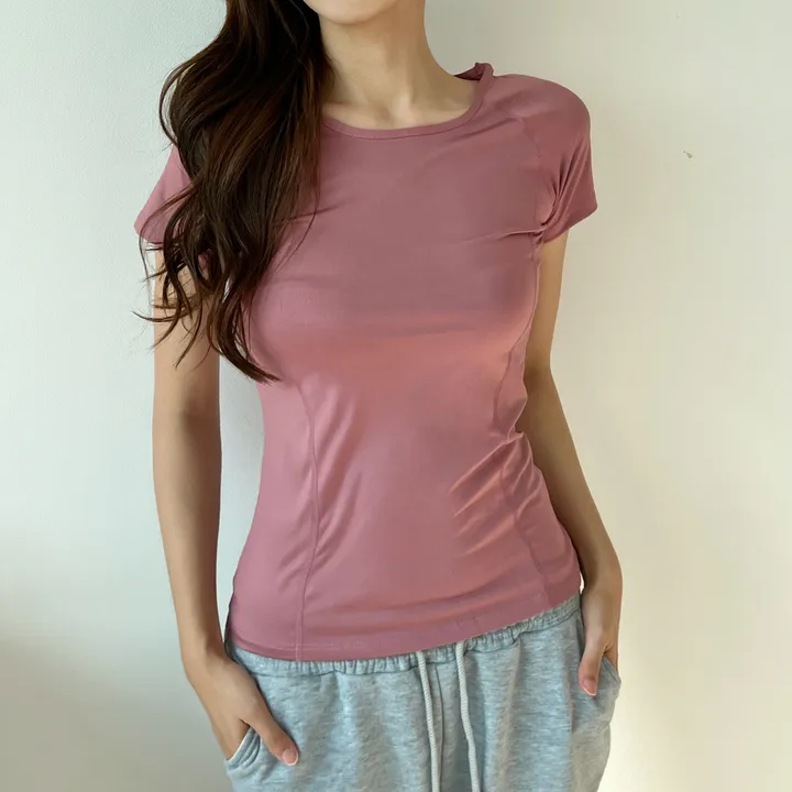 품질 보장✔텐션 트레이닝 숏 슬리브 (편한 라운드 무지 스판 기능성 슬림핏 반팔 티 헬스 러닝 가벼운 쿨링 아이스 데일리 피트니스 요가 필라테스 운동) 상세 이미지 30