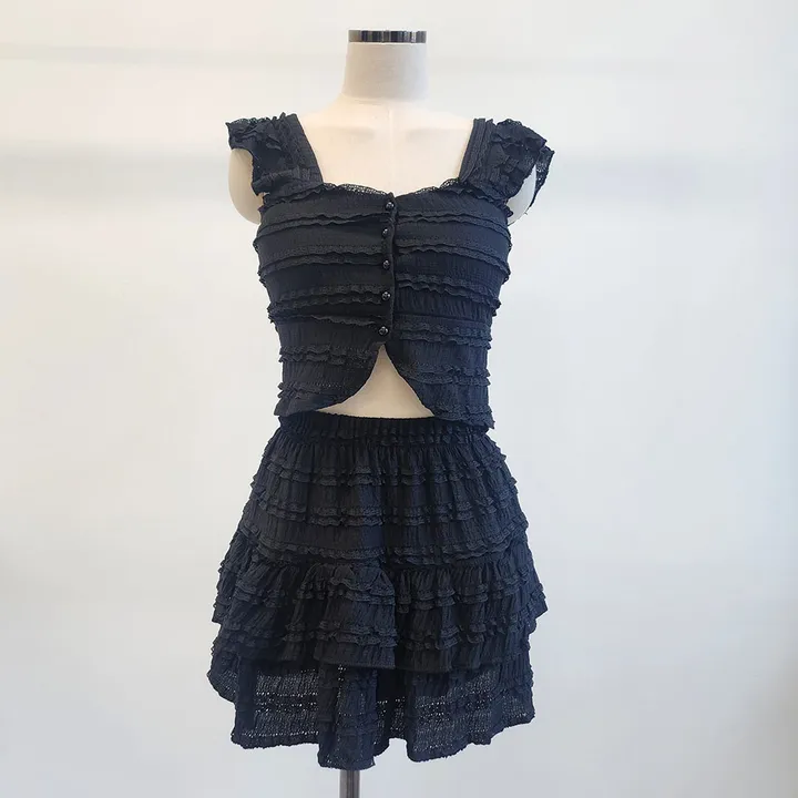 [당일발송] 4Color (캡내장)단추 펀칭 셔링 프릴 뷔스티에 크롭 나시 밴딩 미니 스커트 투피스 세트*2091 상세 이미지 31