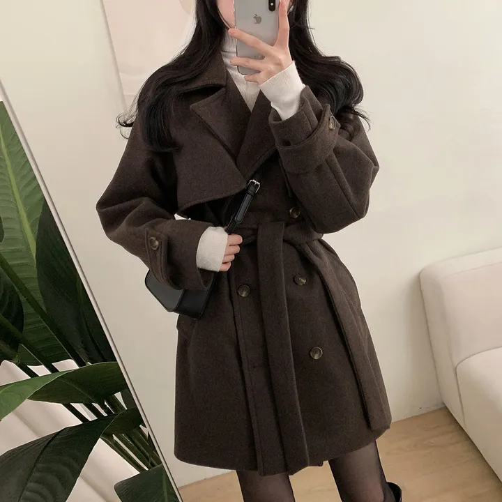 [누빔안감, 하객룩추천] 차분한무드 허리잘록 더블버튼 트렌치 하프 코트 상세 이미지 10