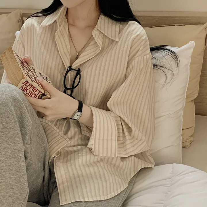 [여름셔츠✨/오버핏!] 버터링 스트라이프 바스락 코튼 레이어드 셔츠 넉넉함보장 빅사이즈 상세 이미지 7