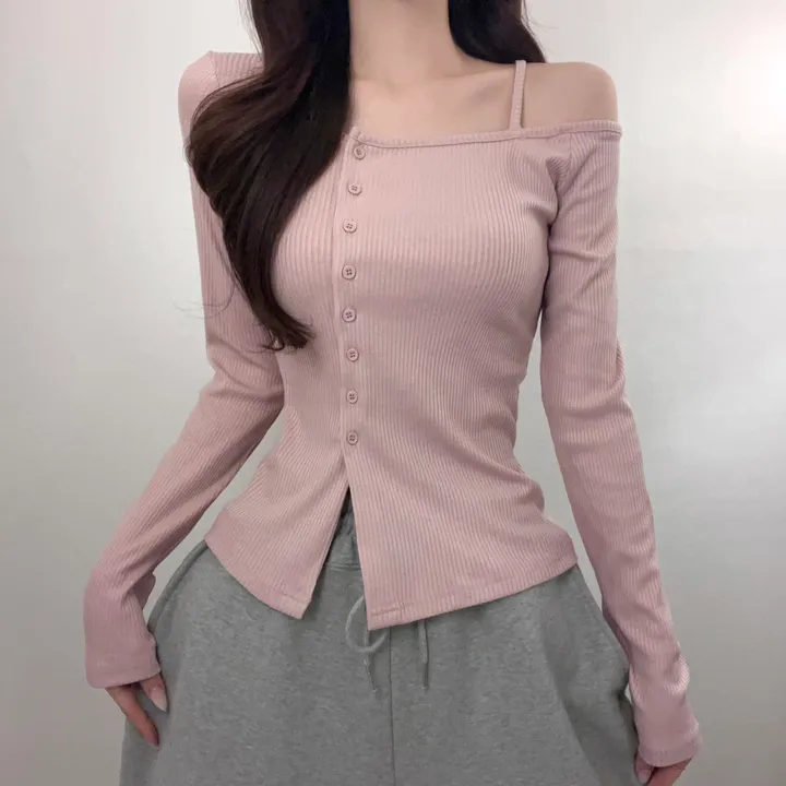 [청순섹시/쫀쫀] 원 오프숄더 사선 골지 버튼 가디건 긴팔티 (3color) 상세 이미지 3