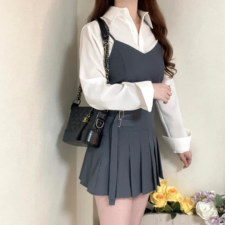 [SET가격] 크롭 뷔스티에 + 플리츠 더블 벨트 스커트 투피스 세트 3color 상세 이미지 9