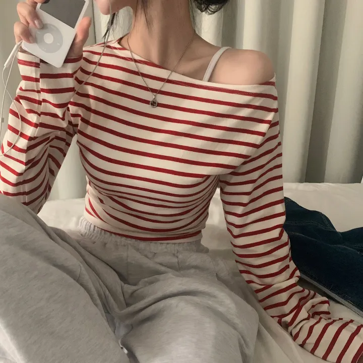 [예쁜라인🤍/데일리필수*.*] 루징 스트라이프 언발 오프숄더 긴팔티셔츠 - 2color 상세 이미지 9