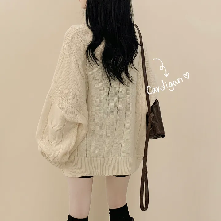 [여리여리/왕오버핏] 도톰 브이넥 케이블 꽈배기 벌룬 니트가디건 상세 이미지 3
