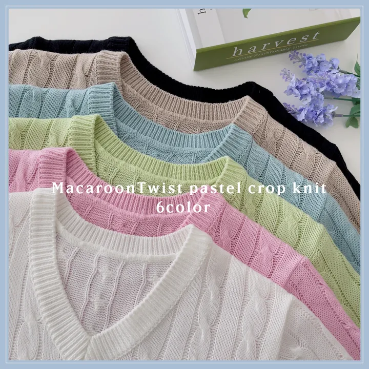 (6color/최저가 보장!) 실물보장! 색감에 반한, 마카롱 꽈배기 브이넥 크롭 반팔 니트 상세 이미지 1