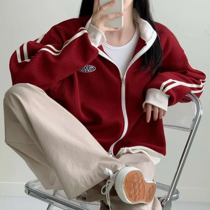 [지퍼투웨이/자수포인트!] 남녀공용 오버핏 와플 트랙 배색 하이넥 집업 4c 상세 이미지 12
