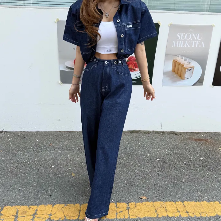 [오직힙샵만/데님투피스] 스티치 생지 포켓 패치 스트링 흑청 크롭 데님 자켓+ 하이 비죠 단추 롱 와이드팬츠 청청 투피스 세트 (2color) 상세 이미지 20