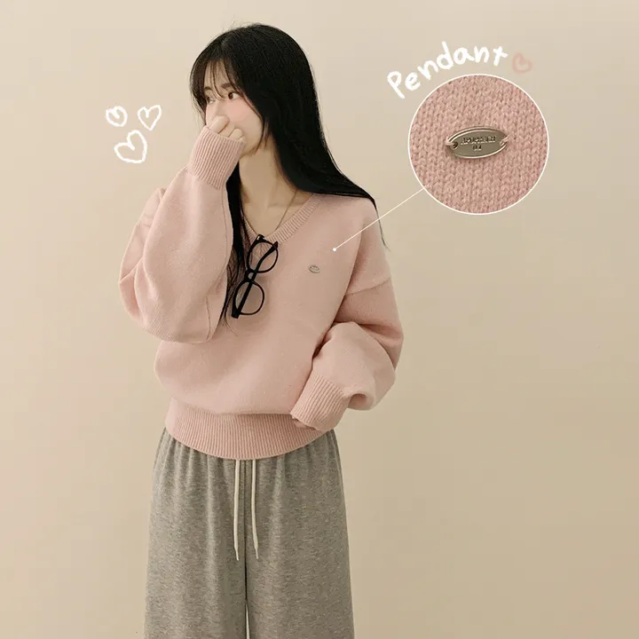 [파스텔색감💭/도톰폭닥~] 와펜포인트 아방핏 브이넥 루즈핏 허리잘록 긴팔니트 상세 이미지 3