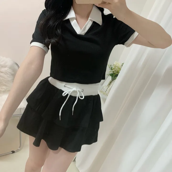 [세트가격/러블리💛] 플레인 배색 카라 크롭 반팔 + 밴딩 캉캉 치마바지 미니스커트 투피스 세트 4color 상세 이미지 30
