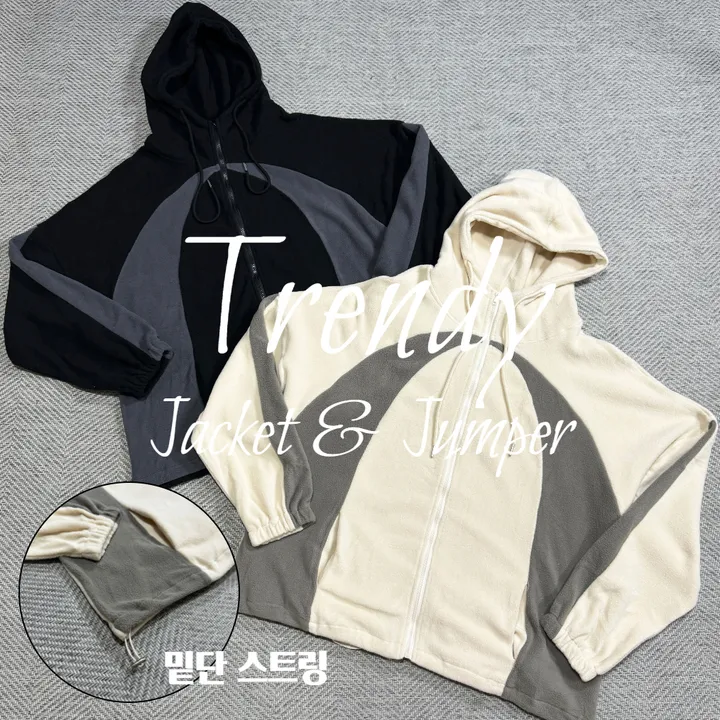 [기간세일]덤블 양털 경량 후리스 커브 배색 하이넥 빅사이즈 오버핏 스트링 후드 집업 자켓 점퍼 상세 이미지 4