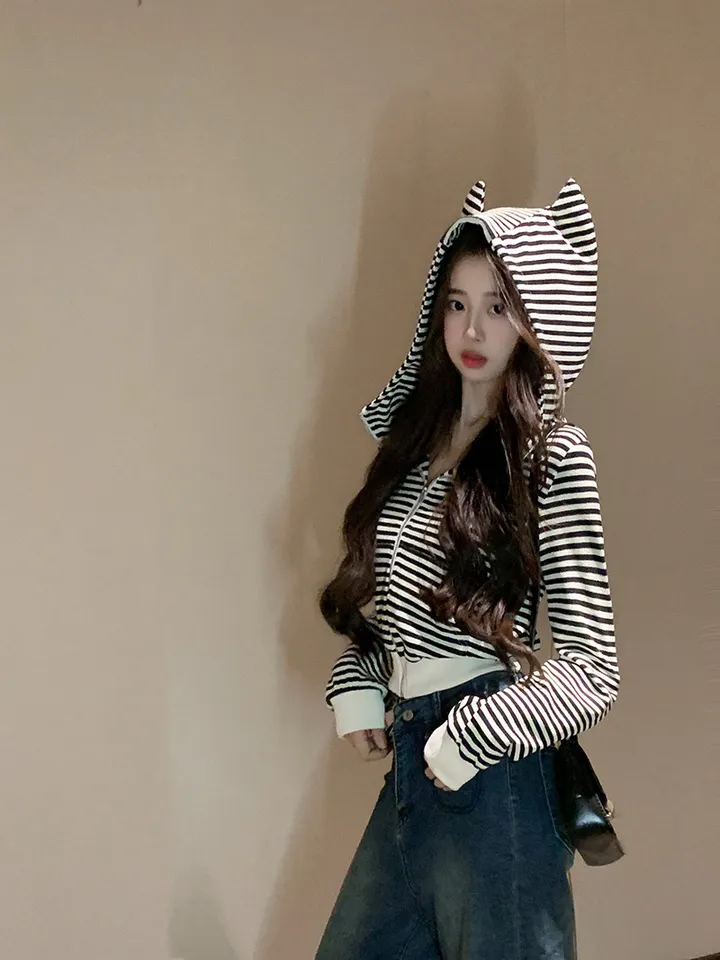 [인기🖤/빈티지]캣츠 스트라이프 후드집업 1color 슬림핏 여리핏 후드 후드집업 단가라 스트라이프 빈티지후드집업 y2k 펑크 고스룩 유니크 크롭 고양이 뿔후드 유니크 봄 상세 이미지 13
