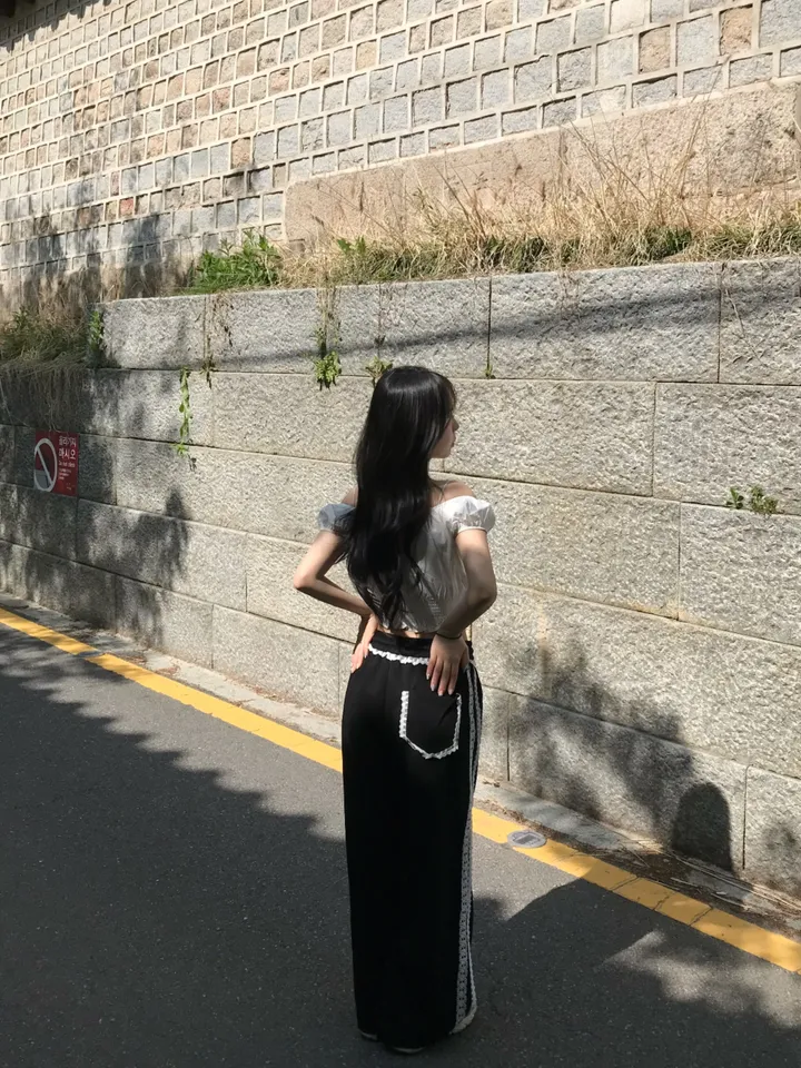 봄신상 포켓 밴딩 레이스 프릴 라인 와이드핏 레이어드 트랙 트레이닝 팬츠 2color 상세 이미지 14
