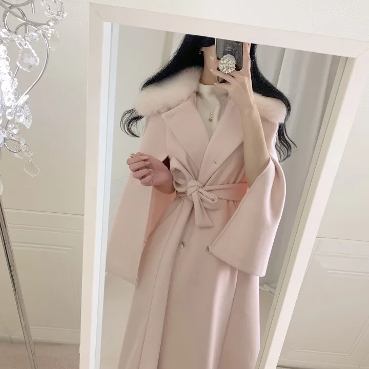 [롱케이프코트💗/고퀄보장✨] 롱VER. 알콩 울 캐시미어 폭스퍼 페이크퍼 밍크퍼 누빔안감 케이프 벨트 버튼 고급 우아 롱 판쵸 코트 망토 자켓 (4color) 연말룩 크리스마스 상세 이미지 15