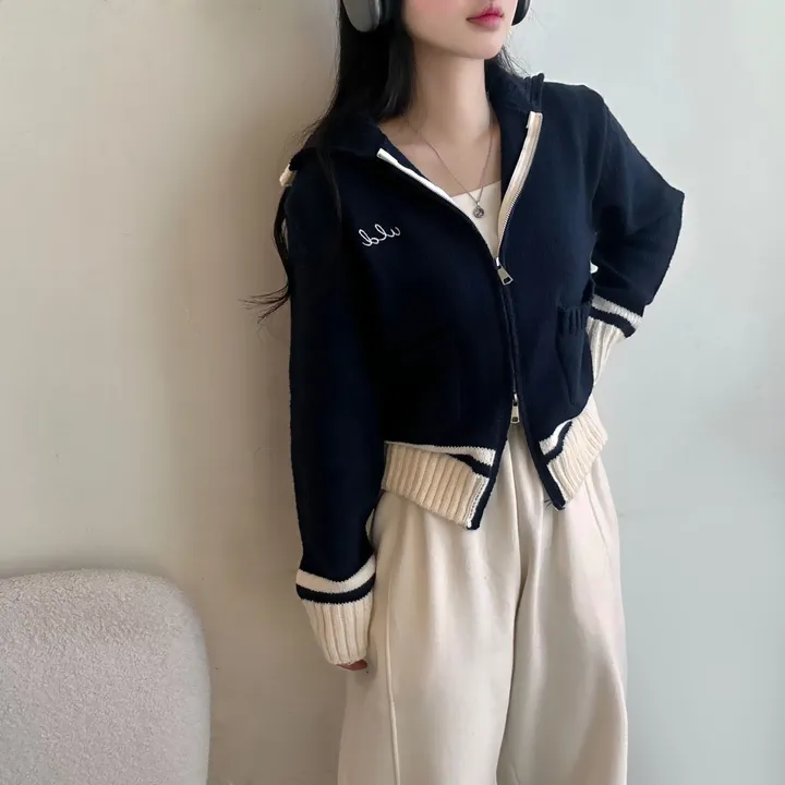 [25SS신상/투웨이] 세컨,자수 투웨이 배색 니트 루즈핏 긴팔 집업 [2color] 상세 이미지 9