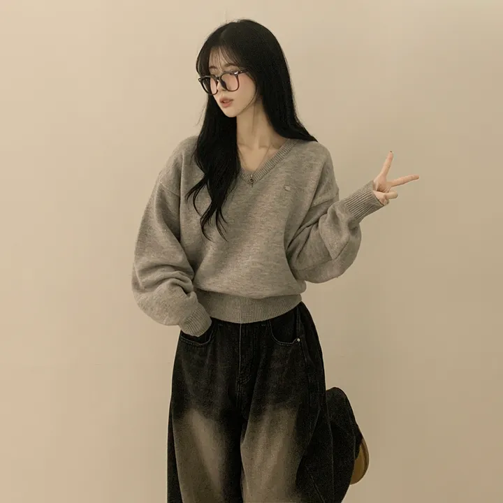 [파스텔색감💭/도톰폭닥~] 와펜포인트 아방핏 브이넥 루즈핏 허리잘록 긴팔니트 상세 이미지 10