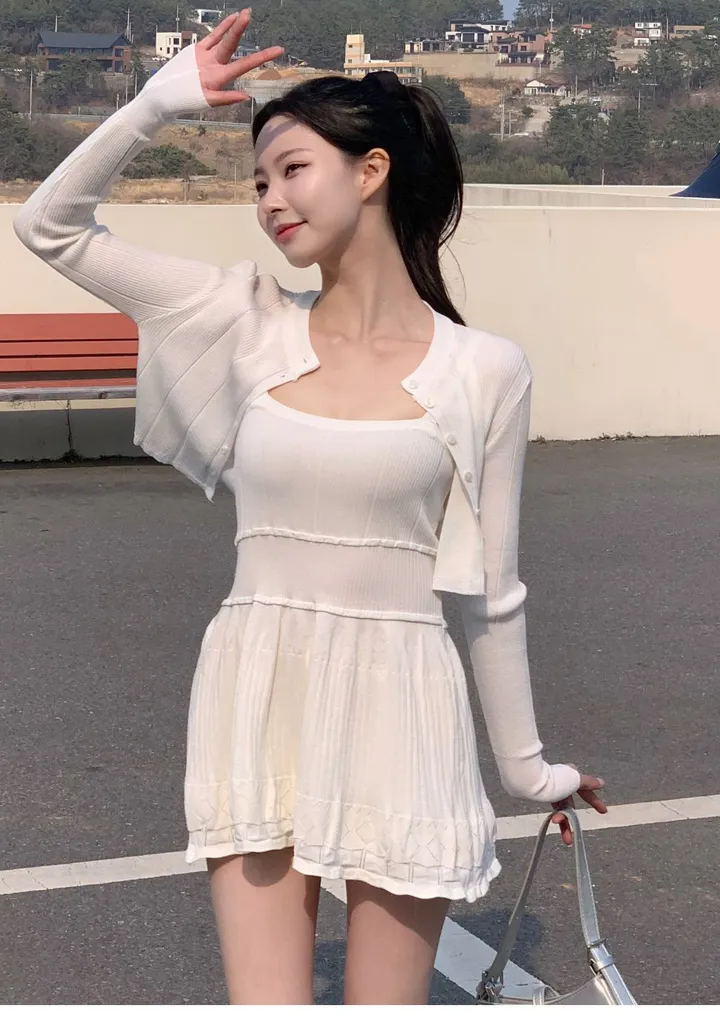 [여리무드🌹] 미닛 가디건 나시 원피스 세트 / 나시원피스 캉캉원피스 플레어 플리츠 미니원피스 니트 여름원피스 골지원피스 얇은 봄가디건 봄원피스 크롭가디건 골지가디건 볼레로 상세 이미지 19