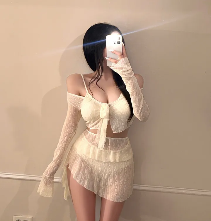 [최저가/군살커버/핏대박!!] 4pcs 커버업 크롭 물결 여리핏 가디건 + 프릴 스판 언발 스커트 세트 섹시 글램 청순 비키니 인생샷 수영복 비치웨어 휴양지 해외여행 시스루 유니크 상세 이미지 7