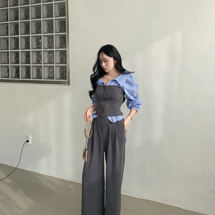 [ SET추천 / 시크페미닌 ] 제이 지퍼 스모크밴딩 크롭 탑 + 슬랙스 투피스 세트 별도구매 오피스룩 하객룩 상세 이미지 4