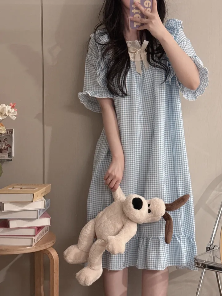 [당일출고/3컬러] 루즈핏 귀여운 스몰 체크 오버핏 반팔 원피스 파자마 잠옷_반팔ops_ver 상세 이미지 28