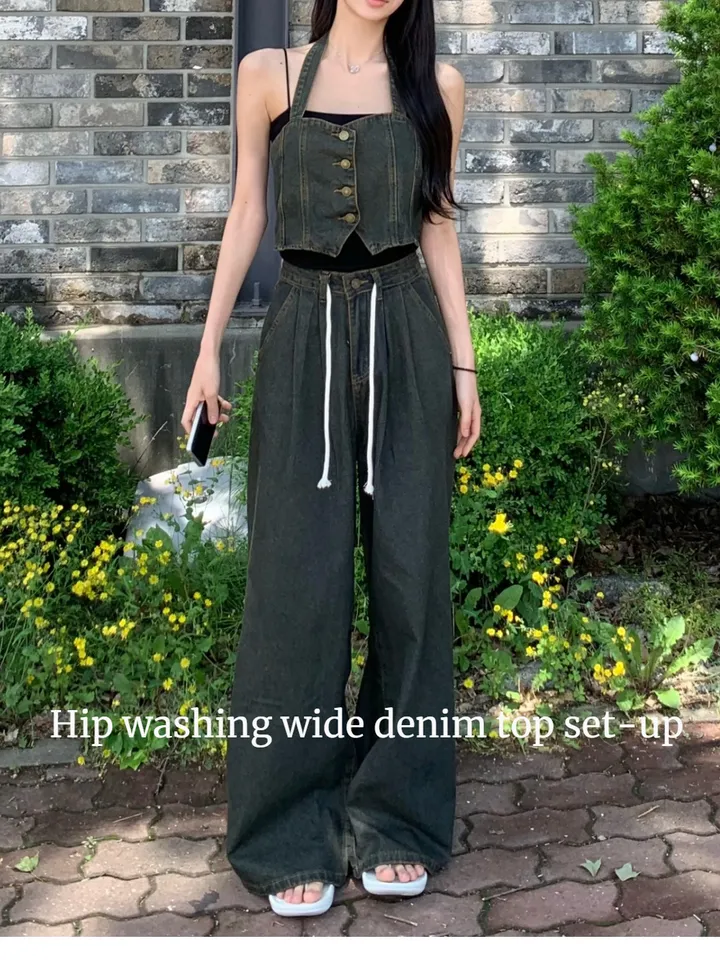 ⁎MADE [코디set/S~L] 치퍼 홀터 데님 크롭 뷔스티에 탑 나시 와이드 롱 생지 워싱 데님 청 팬츠 투피스 세트 <여행룩/힙/빈티지/인생샷!> 상세 이미지 3