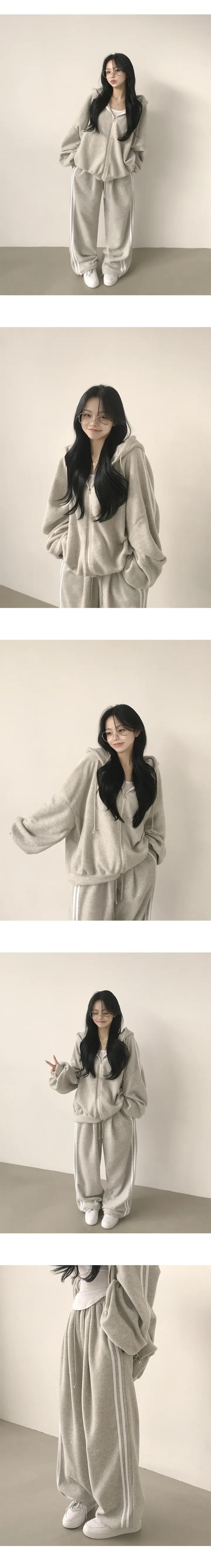 [도톰,포근~/후리스트레이닝세트🤍] 꾸안꾸 정석, 후리스 트랙 오버핏 투웨이 후드집업 + 밴딩 트랙 투웨이 스트링 조거 와이드 트레이닝팬츠 투피스 세트 (5color) 상세 이미지 13