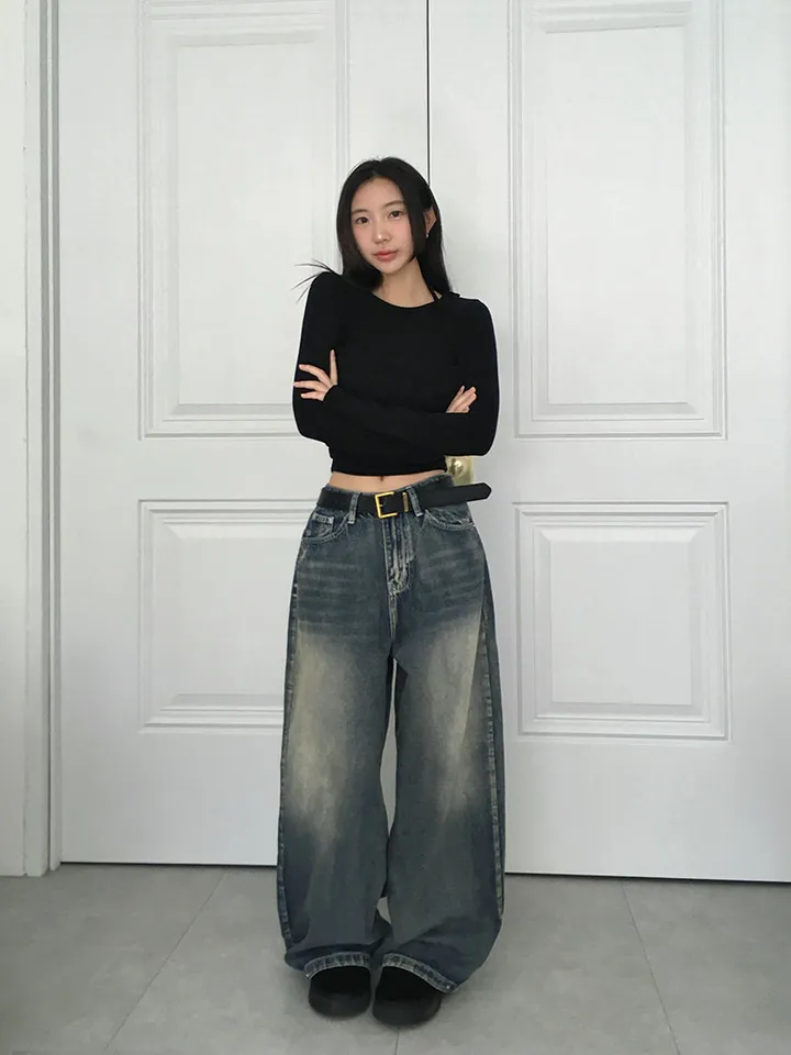 [숏,기본,롱/~XL/핏보장💙*밑단스냅단추 투웨이* 워싱 와이드데님] 헤이브밑단스냅와이드데님 상세 이미지 18