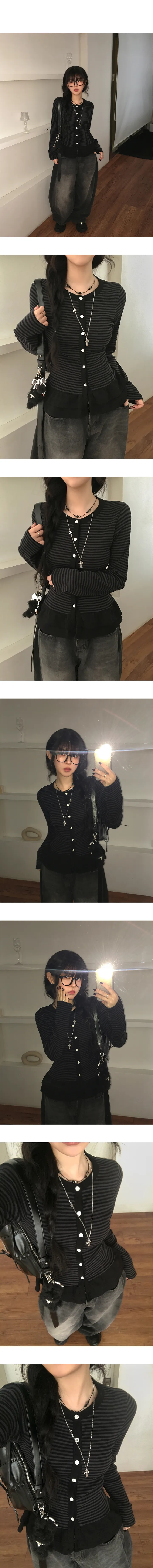 [넉넉슬림핏보장🖤] 토프 레이어드 단가라 셔링 스트라이프 프릴 긴팔 가디건 티셔츠 3color 상세 이미지 6