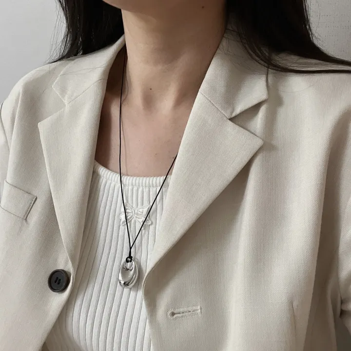 심플 버튼 타원 목걸이(메탈 체인줄, 인견 블랙줄) 상세 이미지 4
