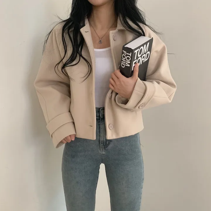 봄가을 크롭재킷 오버핏 아이보리 블랙 싱글버튼 숏코트 상세 이미지 35