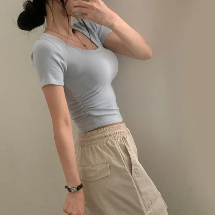 [파스텔🤍/MADE] 보장된핏, 옆셔링 스퀘어넥 반팔 크롭티셔츠 - 8color 상세 이미지 32