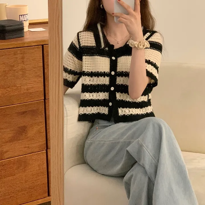 뜨개 카라 펀칭 단가라 크롭 가디건(2color) 상세 이미지 6