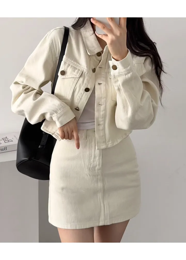 [코디룩완성🤍/단독구매가능] 코튼 크롭 자켓+숏스커트 투피스 세트 - 3color 상세 이미지 37