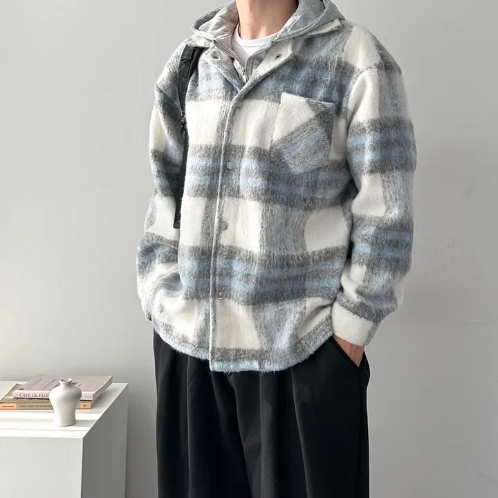 오버핏 체크 하프 코트 자켓 후드 레이어드 미니멀 빅사이즈 아우터 후드레이어드하프체크코트 상세 이미지 8