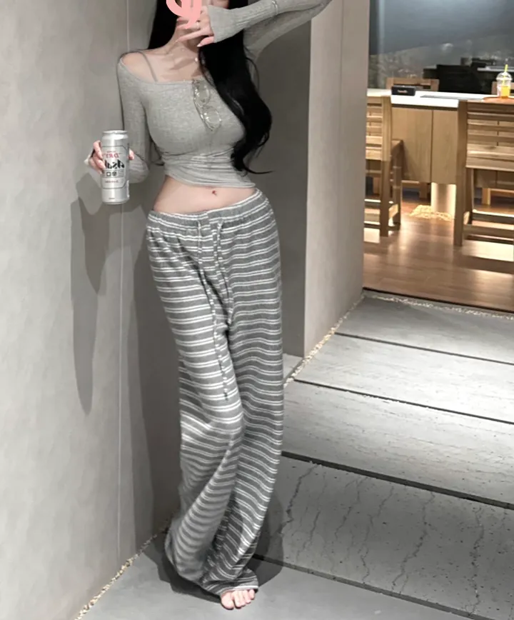 *포근한타올* 허그 스트라이프 팬츠 / 츄리닝 밴딩팬츠 밴딩바지 니트팬츠 니트바지 단가라팬츠 츄리닝바지 트레이닝바지 트레이닝팬츠 와이드팬츠 겨울 하의 수면바지 상세 이미지 1