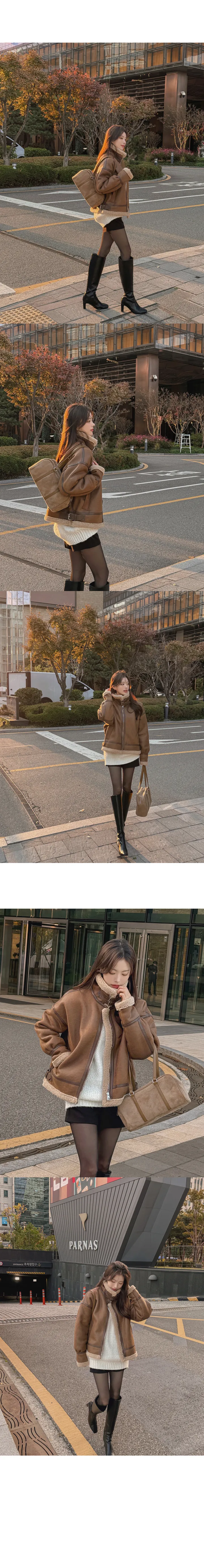 [안감 털날림❌/하이넥 버클⭕] 에티오 하이넥 더블버클 지퍼 가죽포인트 허리버클 양털 페이크레더 무스탕 상세 이미지 17