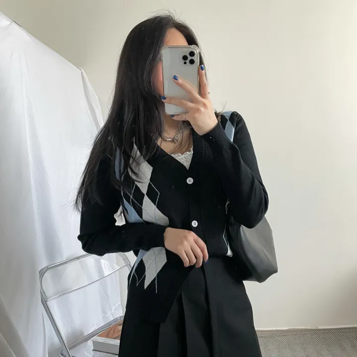🚀빈티지 아가일  패턴 니트 가디건 1color 상세 이미지 14
