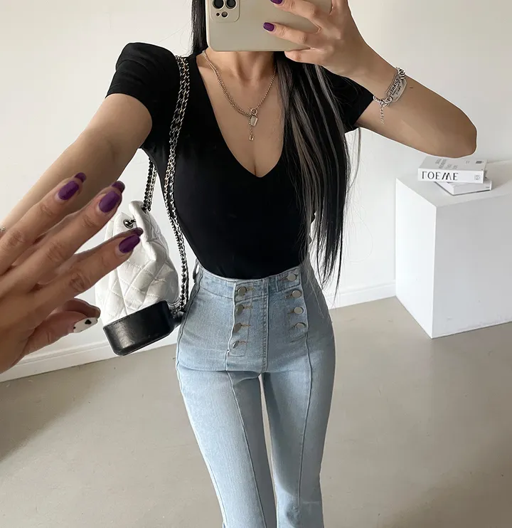 패드 브이넥 스판 절개 슬림 티셔츠 상세 이미지 67