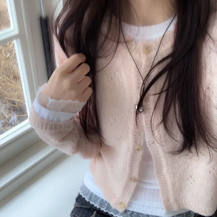 [벚꽃룩ෆ플라워펀칭]글로이 빈티지 러블리 여리핏 플라워 펀칭 버튼 물결 울니트 가디건 3color 상세 이미지 25