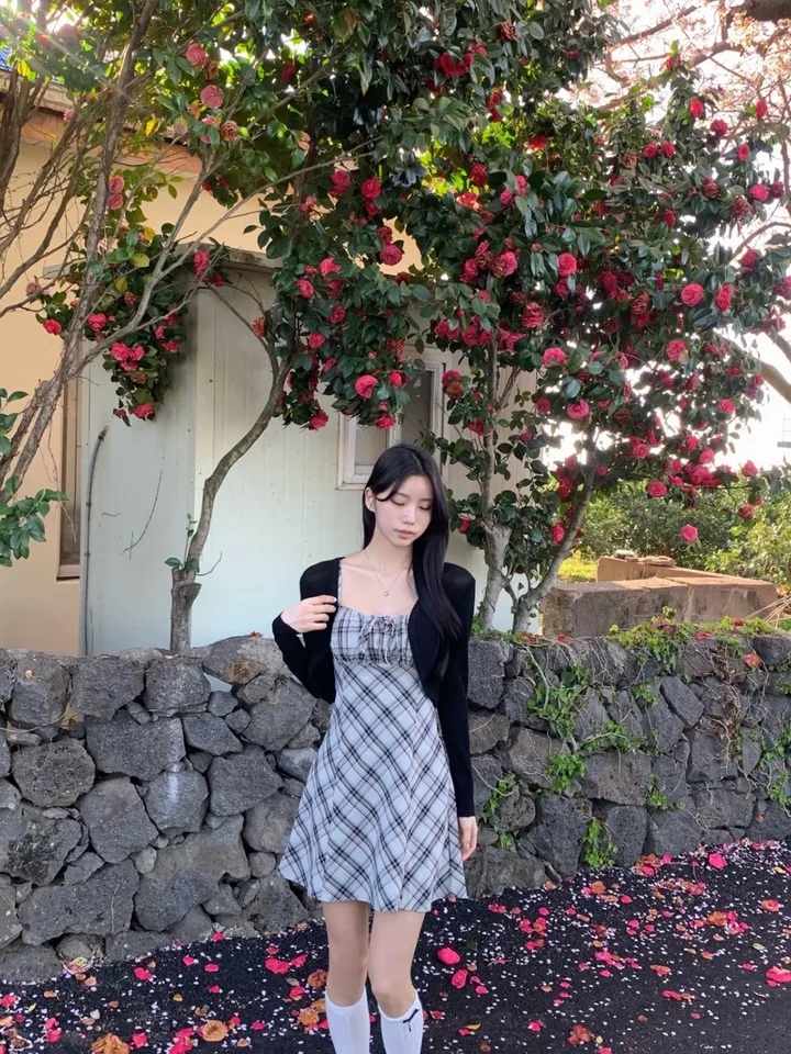 [세트가격❤️/예쁨보장!] 린넨 체크 셔링 리본 플레어 a라인 볼레로 크롭 가디건 원피스 투피스 세트;3color <여행룩/길이오절/핏존예!> 상세 이미지 26