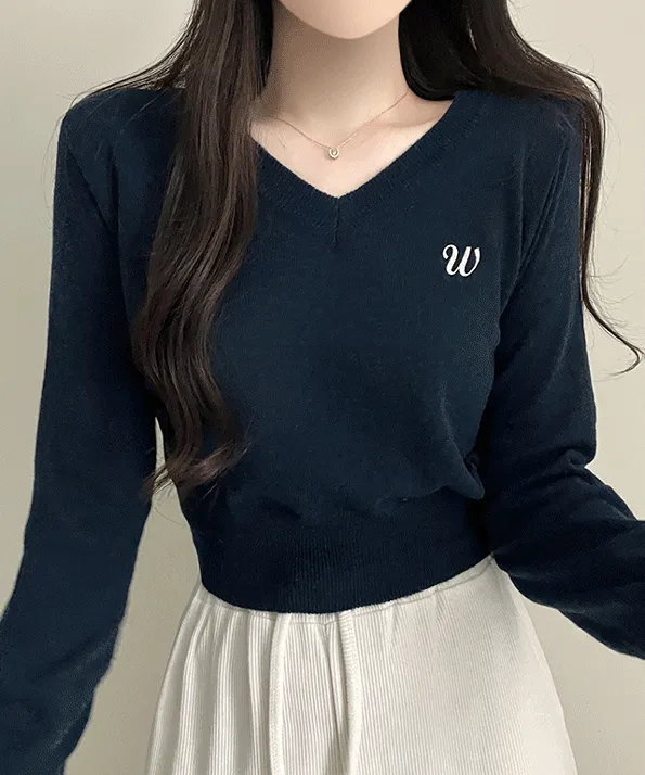 [데일리/여리여리핏] 브루 자수 로고 브이넥 심플 긴팔 니트 6color